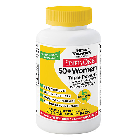 Super Nutrition Simply One 50+ Women Triple Power Multivitamins, Iron Free Vegetarian Tablets - 90 ea